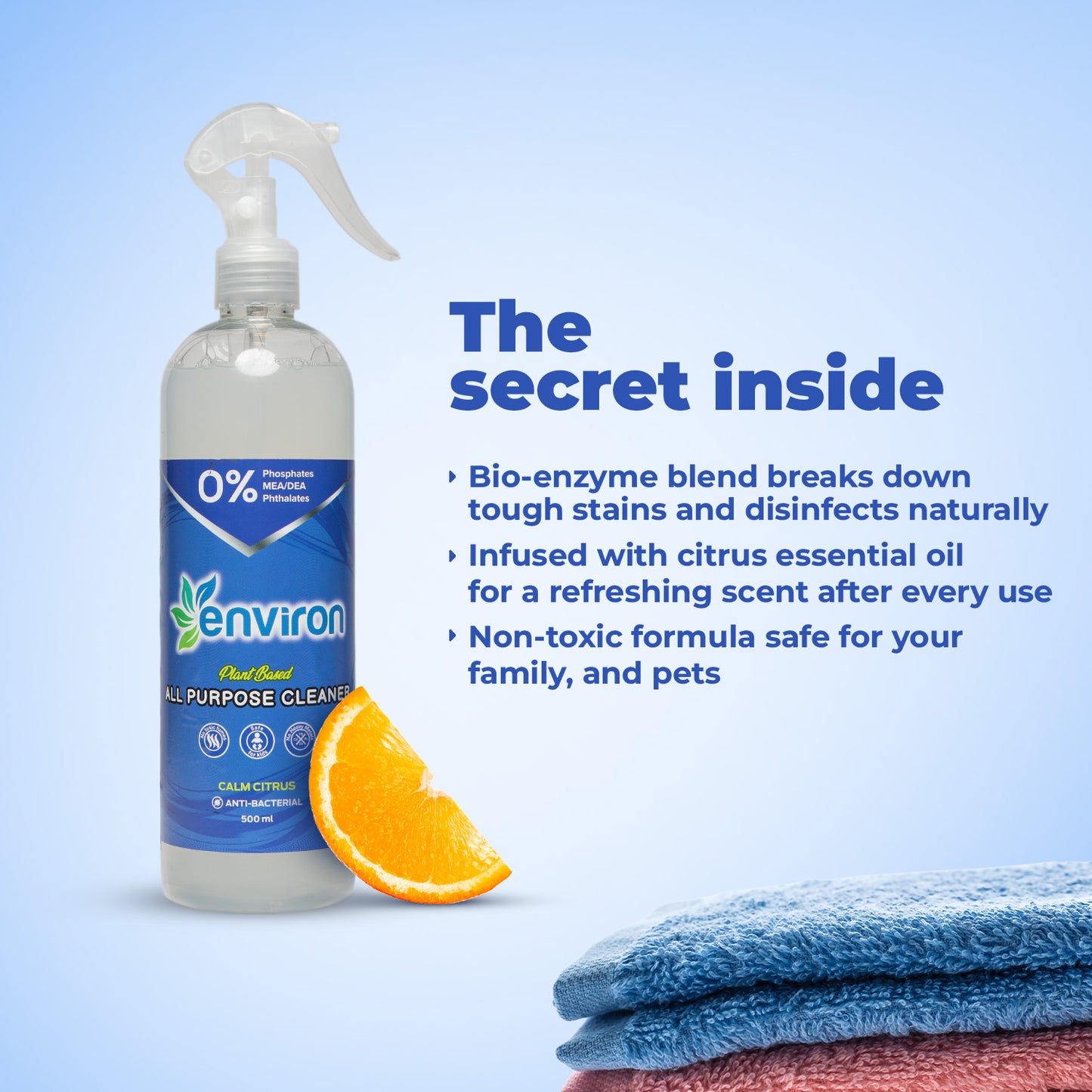 Environ Citrus All-Purpose Cleaner with bio-enzymes, toxin-free formula & citrus scent. Safely deep cleans home & kitchen surfaces.