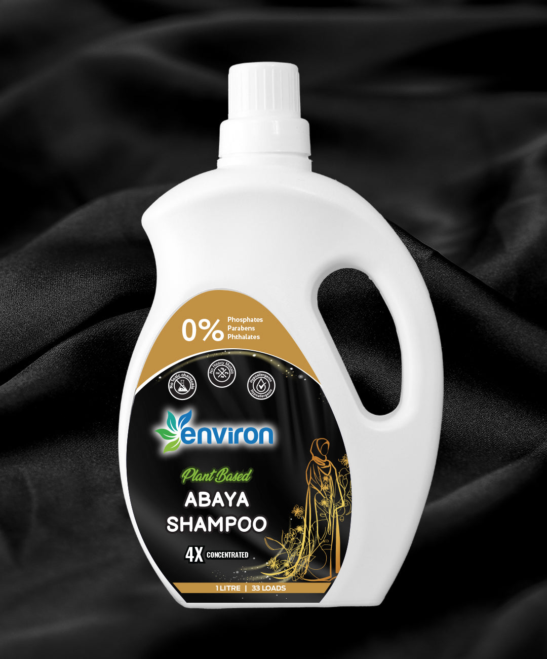Abaya wash bottle with in front of silky velvet abaya and dark clothe