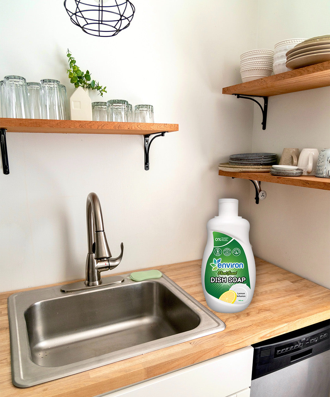 500 ml dish soap bottle on wooden kitchen countertop