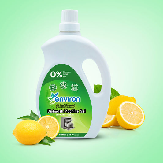 Dishwash machine gel bottle with lemon slices on a green background