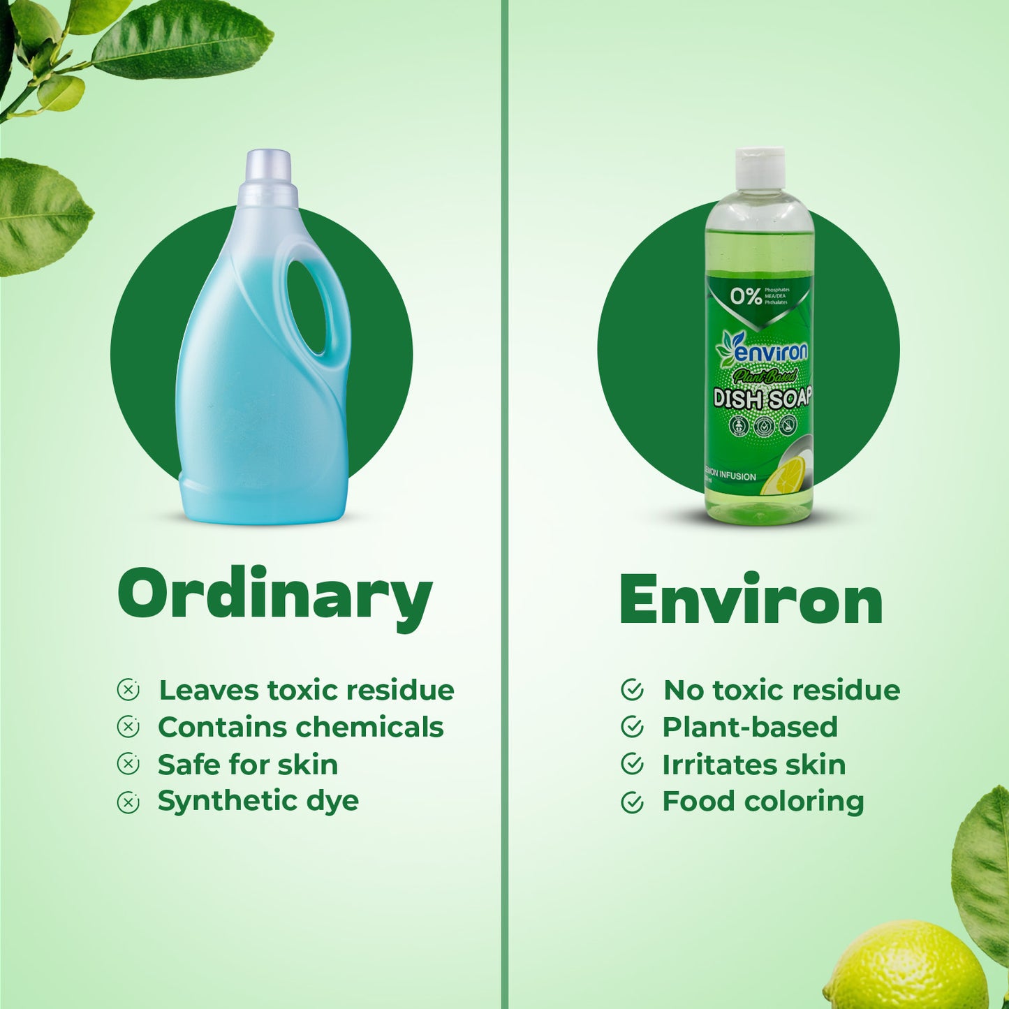 Environ plant-based dish soap vs. ordinary detergent—non-toxic, chemical-free, eco-friendly, skin-safe, lemon-infused cleaner.