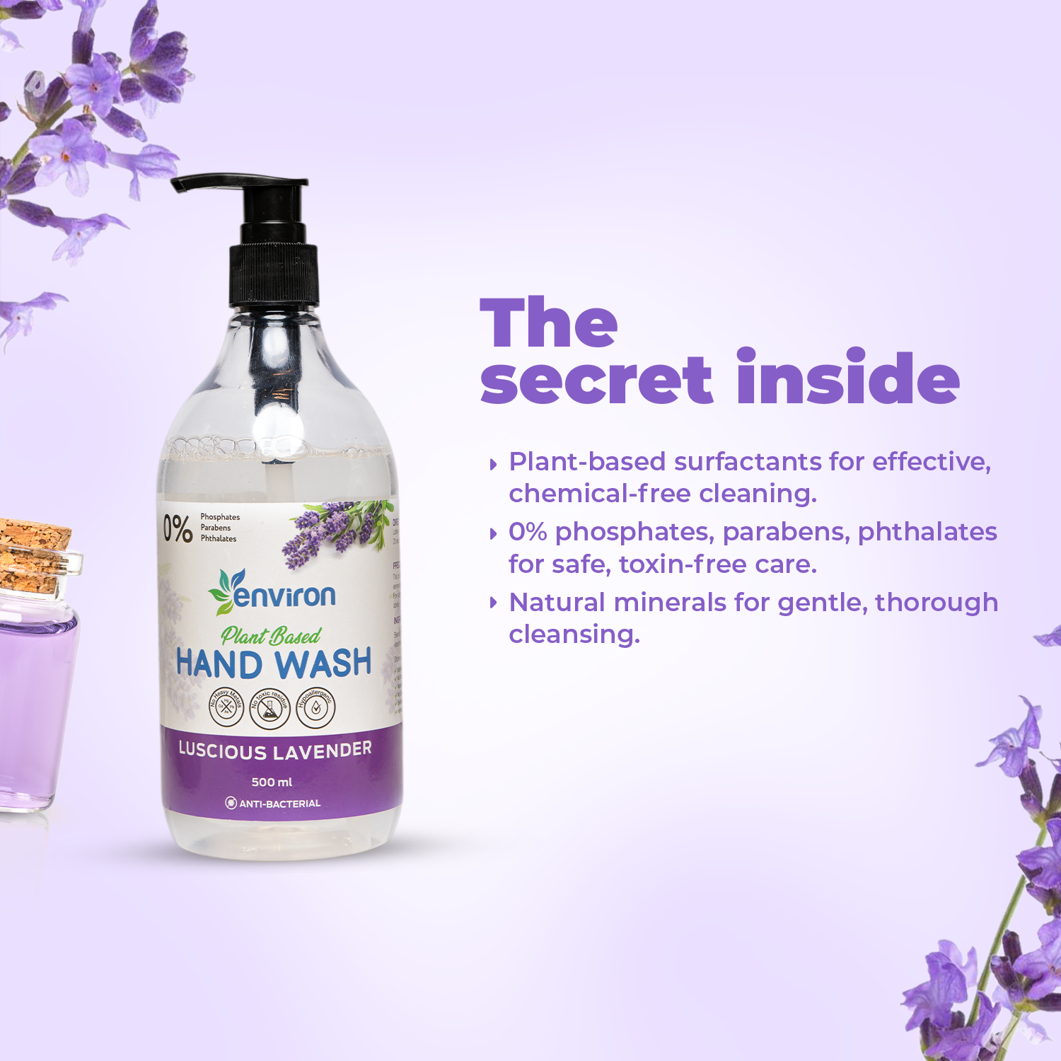 Environ Luscious Lavender Hand Wash – eco-friendly, plant-based, toxin-free formula with natural minerals for deep, gentle cleansing.