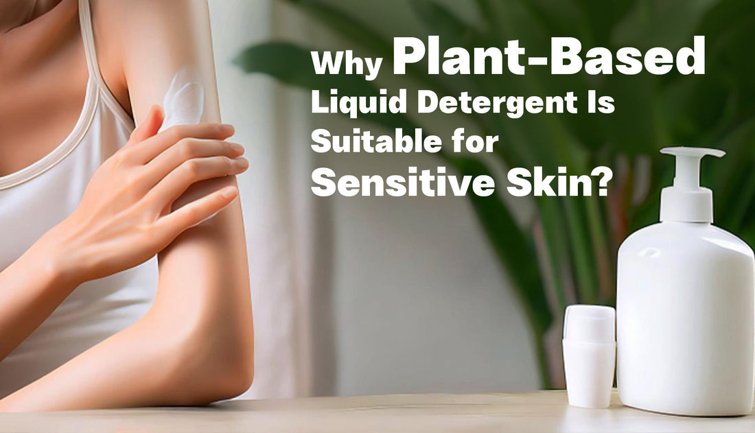 Person pouring plant-based liquid detergent into washing machine for gentle everyday laundry care
