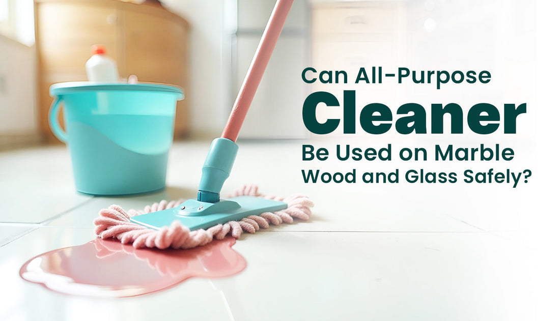 Person wiping marble countertop and glass surface using plant-based all purpose cleaner