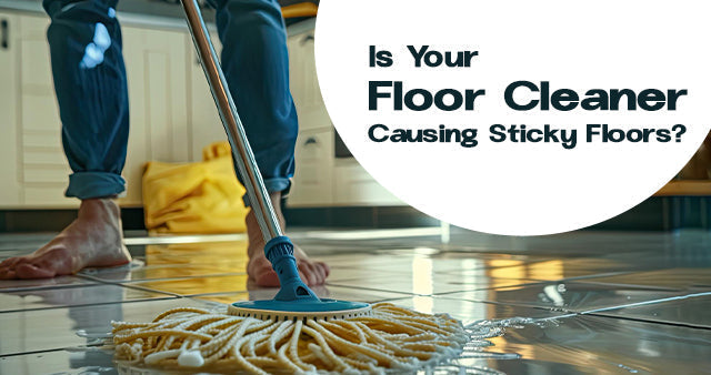 Person mopping tile floor with sticky residue caused by floor cleaner buildup