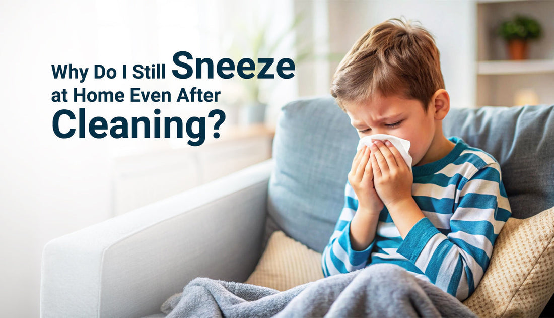 Person sneezing indoors after cleaning home with floor cleaner and household products