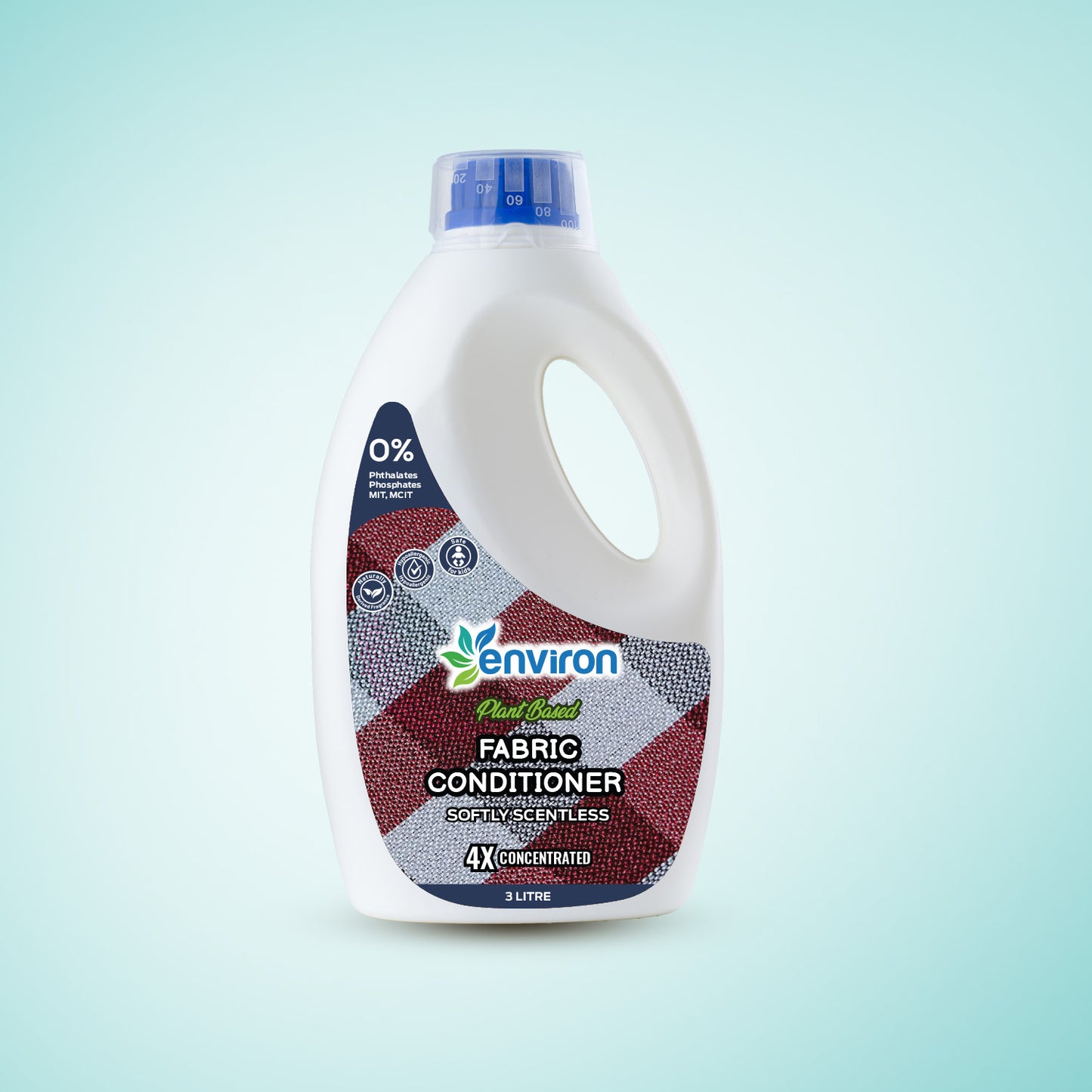 Fabric conditioner bottle with Environ logo on a light blue gradient background