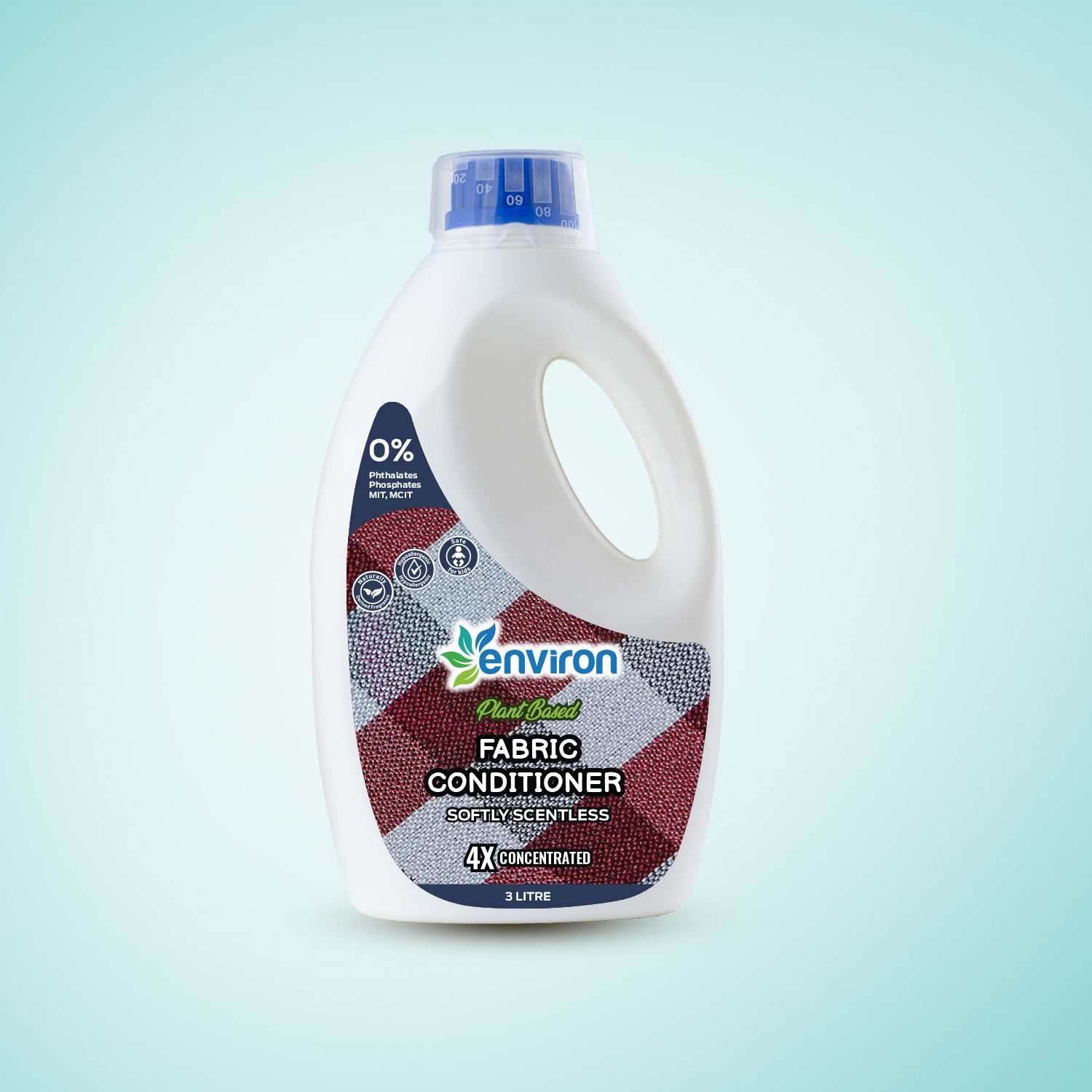 Fabric conditioner bottle with Environ logo on a light blue gradient background