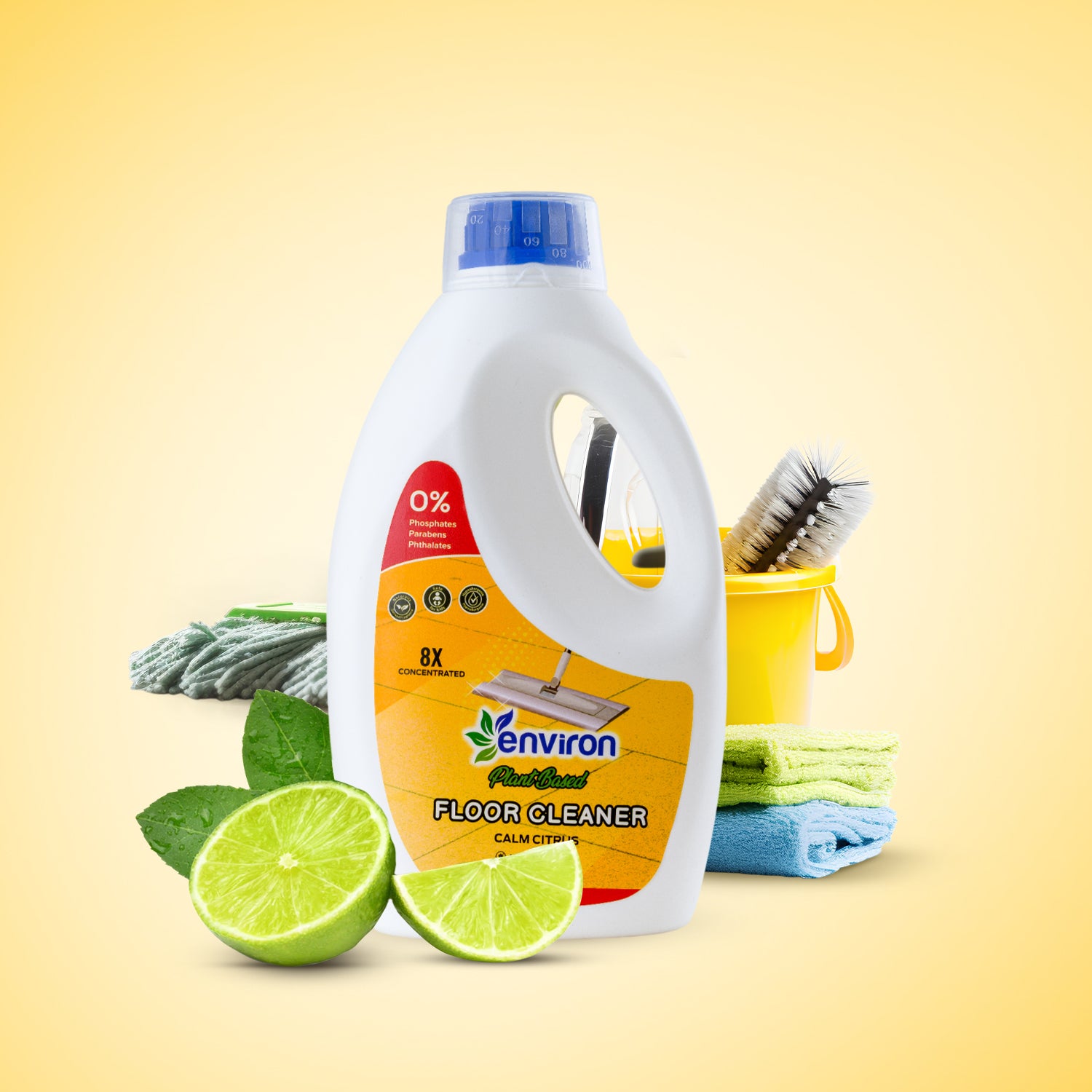 Environ Floor Cleaner bottle with cleaning tools and limes on a gradient background