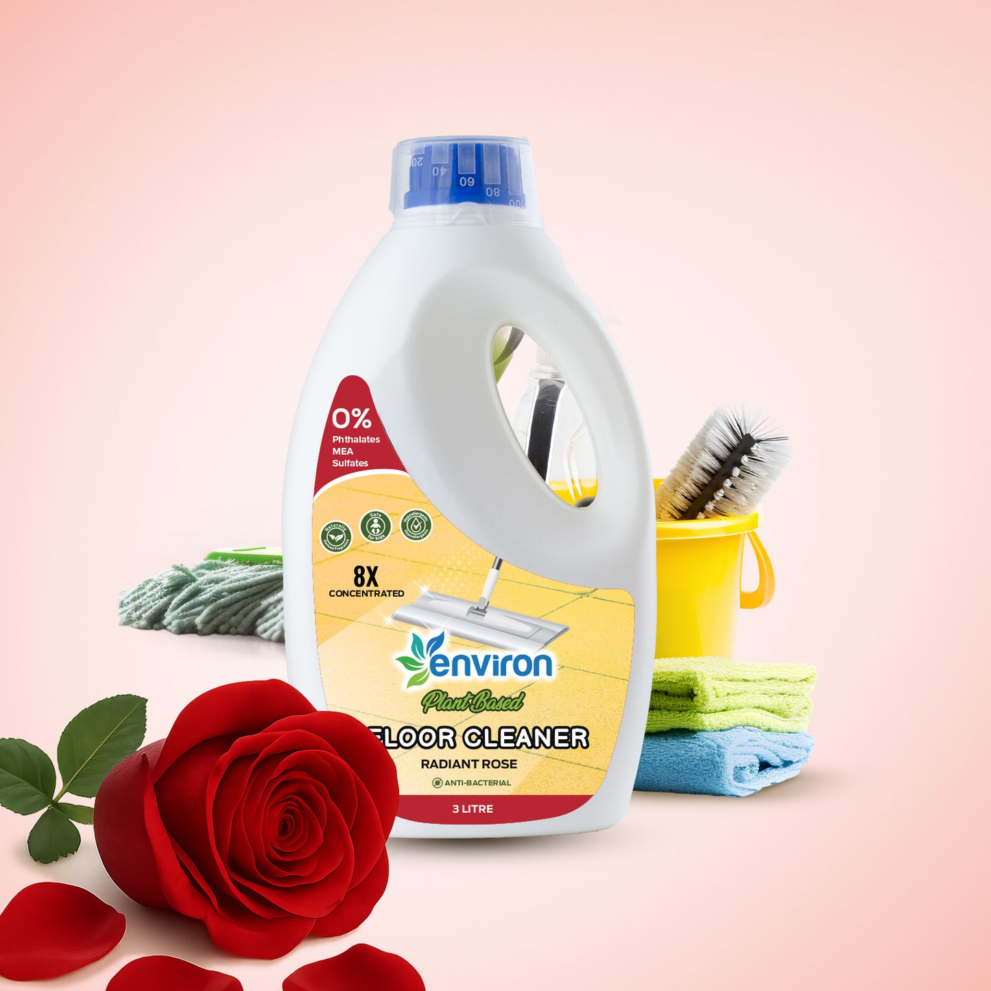 Floor cleaner bottle with cleaning tools and a rose on a gradient background