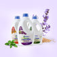 Three bottles of Environ hand wash with lavender, oatmilk and basil scents on a light purple background.