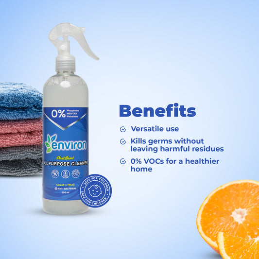 Environ Citrus All-Purpose Cleaner with bio-enzymes, toxin-free formula, and refreshing citrus scent. Safe for children & pets.