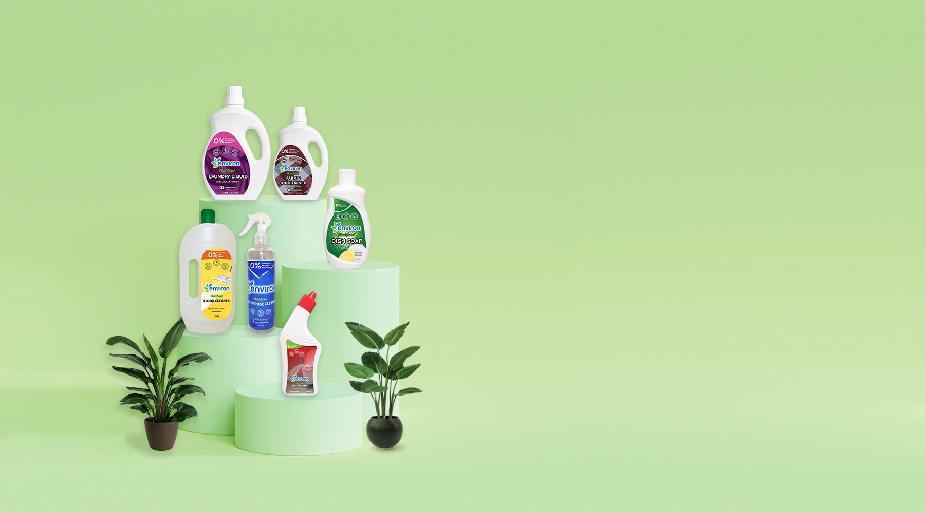 Showing all six plant-based and non-toxic products on a green pedestal signifying the green formulation used by environ