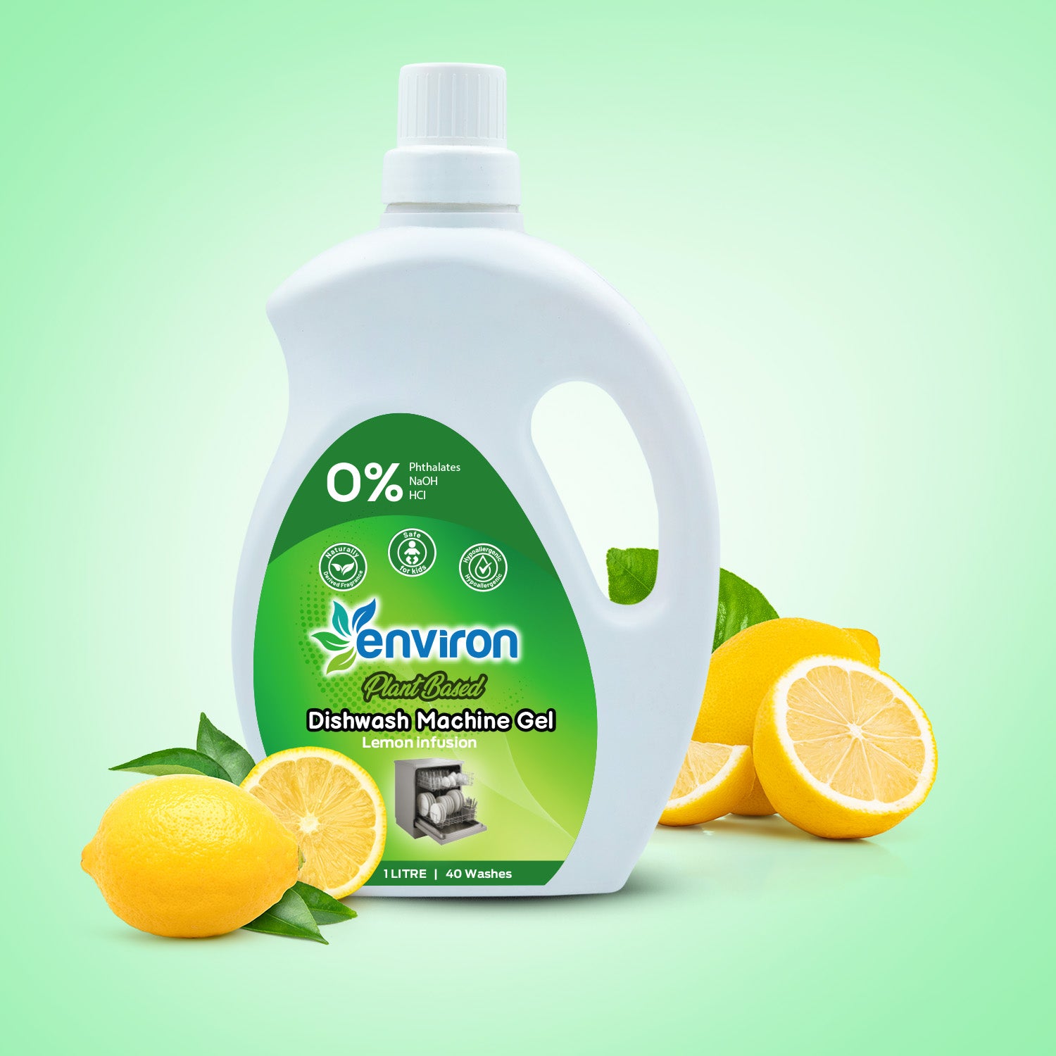 Dishwash machine gel bottle with lemon slices on a green background