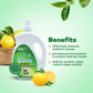 Environ dish machine gel bottle with lemons and leaves on a green background mentioning benefits
