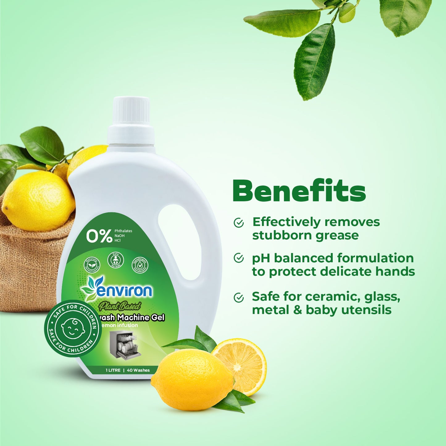 Environ dish machine gel bottle with lemons and leaves on a green background mentioning benefits
