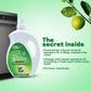 Dishwash machine gel bottle with lemon on a green background mentioning the secret inside and a dishwash in background