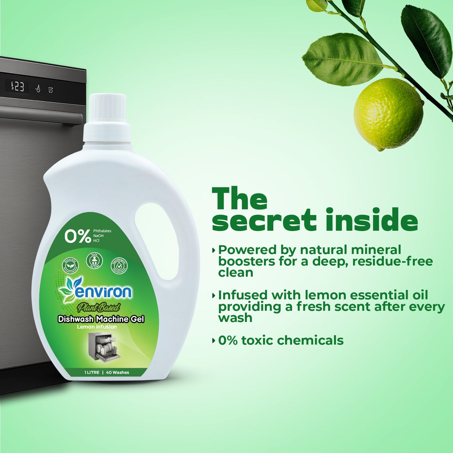 Dishwash machine gel bottle with lemon on a green background mentioning the secret inside and a dishwash in background