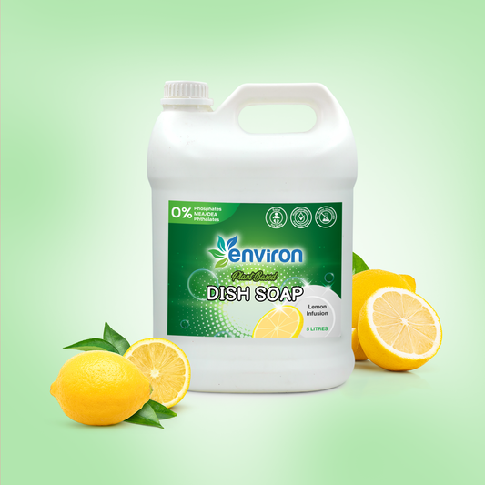 Environ plant-based dish soap 5L with lemon infusion. Non-toxic, eco-friendly formula for tough grease. Safe for hands & utensils.