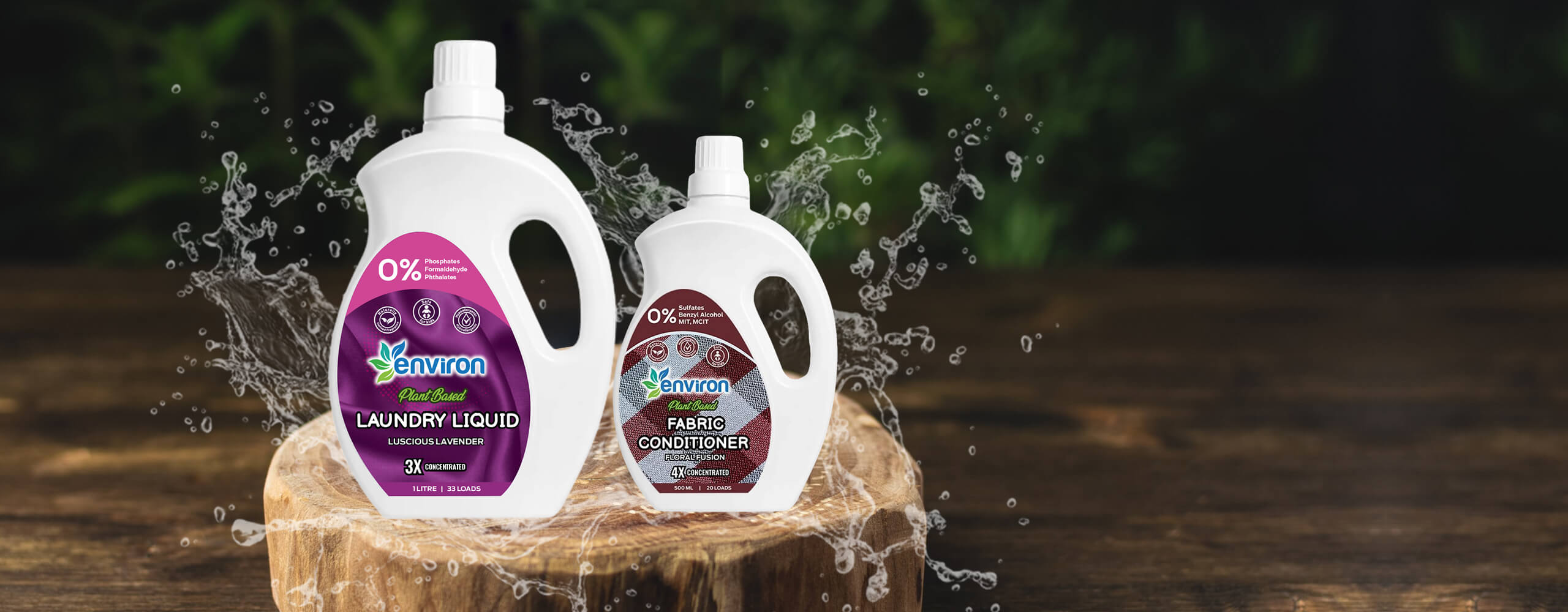 Laundry liquid and fabric conditioner/ softener on a tree stump showing the natural formulation of the product