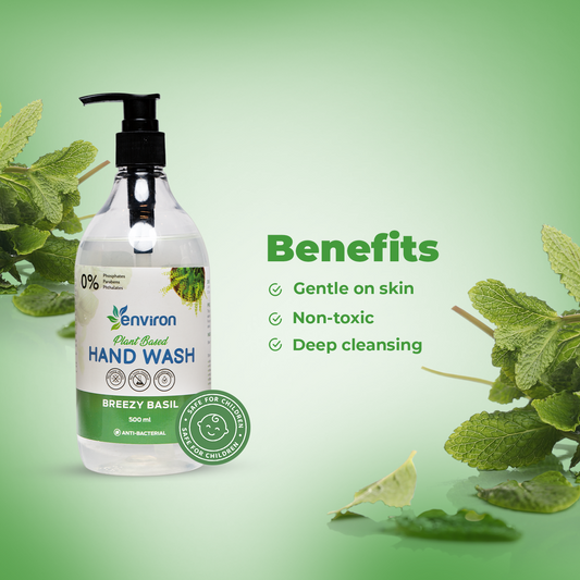 Environ Breezy Basil Hand Wash – plant-based, antibacterial, non-toxic, deep-cleansing & safe for children’s sensitive skin.