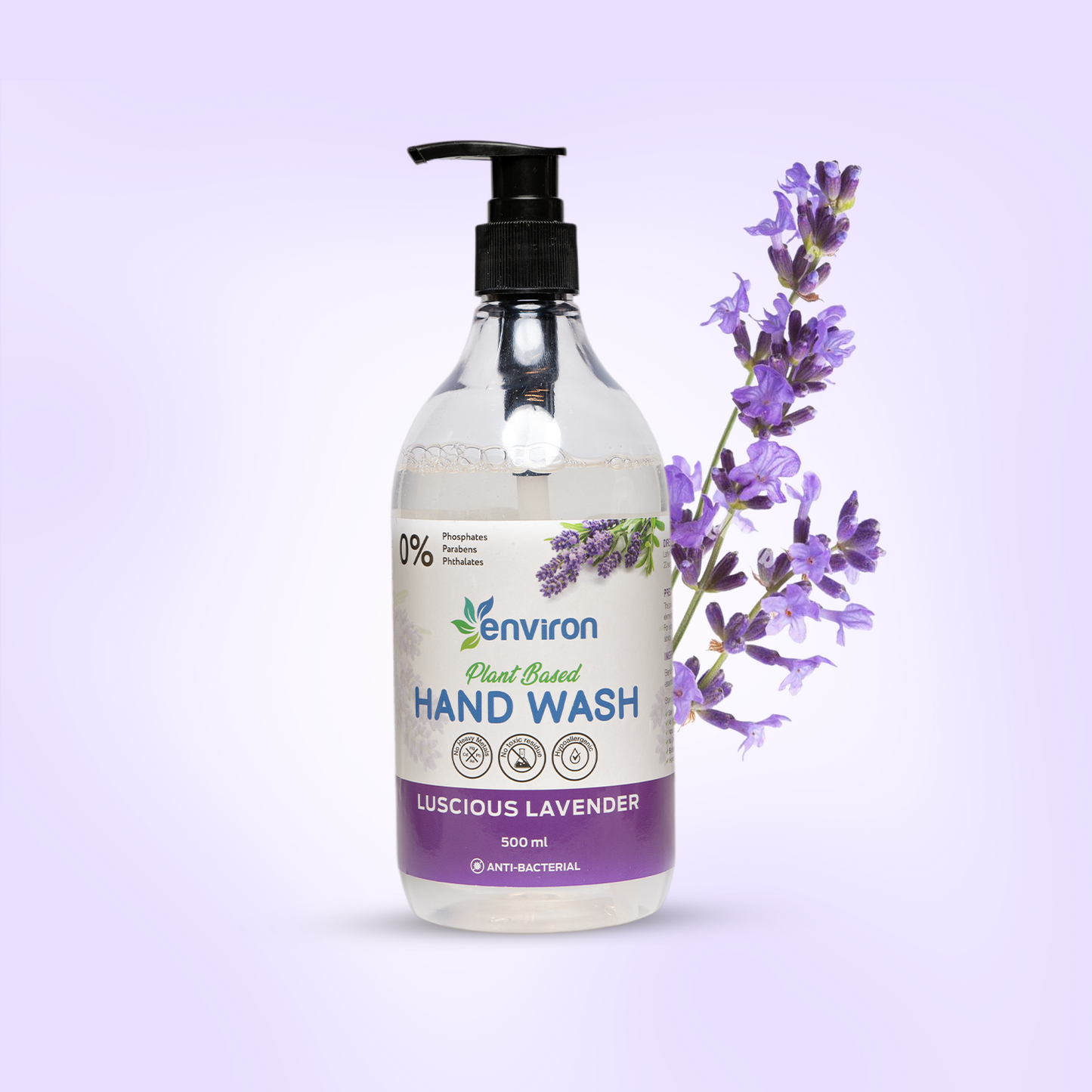 Environ Plant-Based Hand Wash – Luscious Lavender, 500ml. Gentle, antibacterial, toxin-free, and enriched with calming lavender.