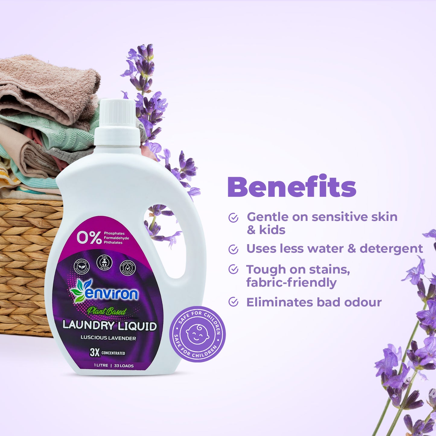 Eco-friendly lavender laundry liquid, gentle for kids & sensitive skin. Tough on stains, fabric-safe, eliminates odor.