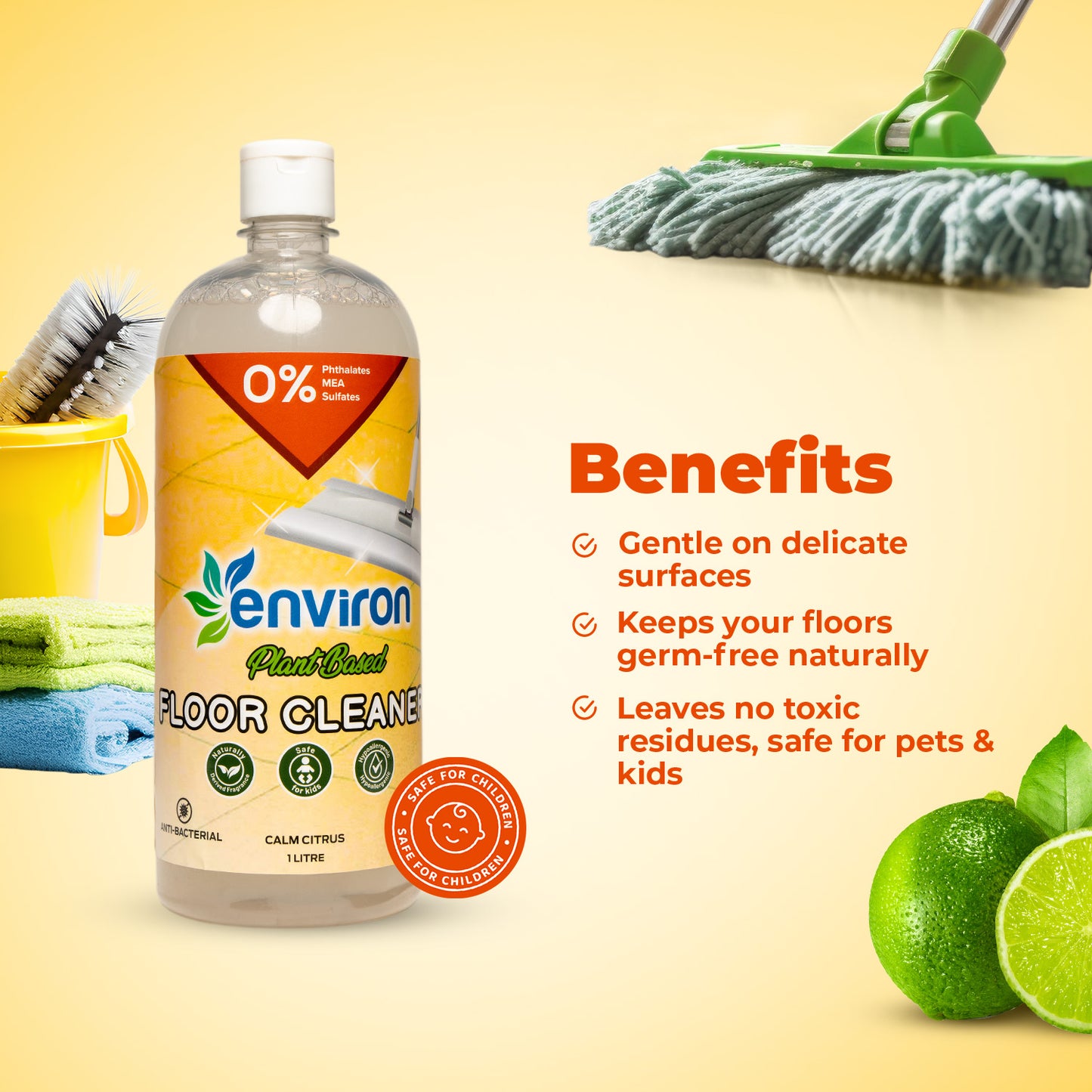 Environ plant-based floor cleaner, eco-friendly, non-toxic, kid & pet-safe, lime scent, removes germs & residues for deep cleaning.