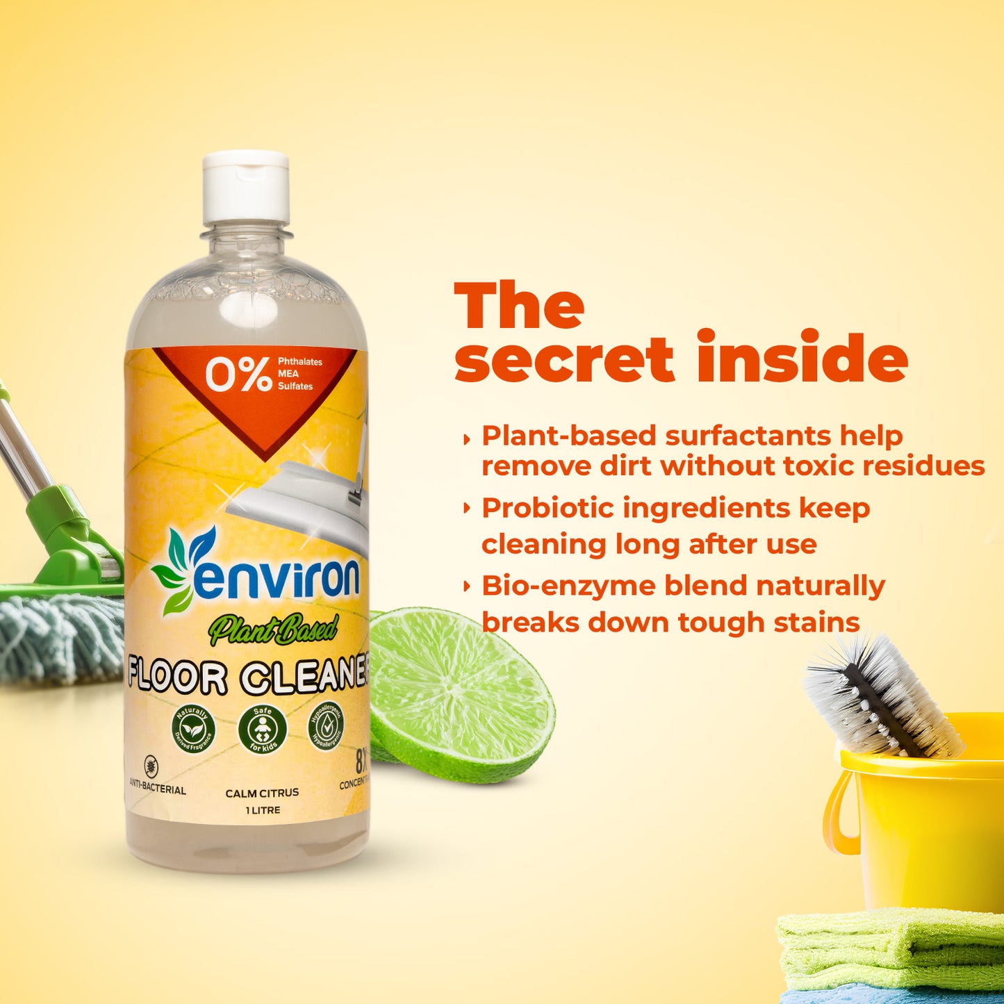 Environ plant-based floor cleaner with probiotics & bio-enzymes, toxin-free & residue-free, lime scent, eco-friendly deep cleaning.