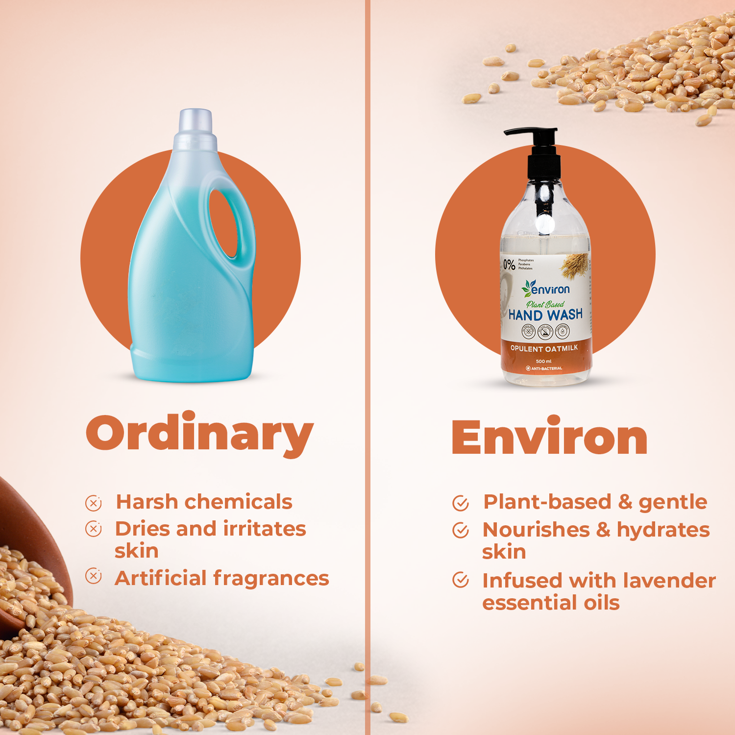 Environ Opulent Oatmilk Hand Wash vs. ordinary soap – plant-based, chemical-free, hydrating & infused with lavender essential oils.