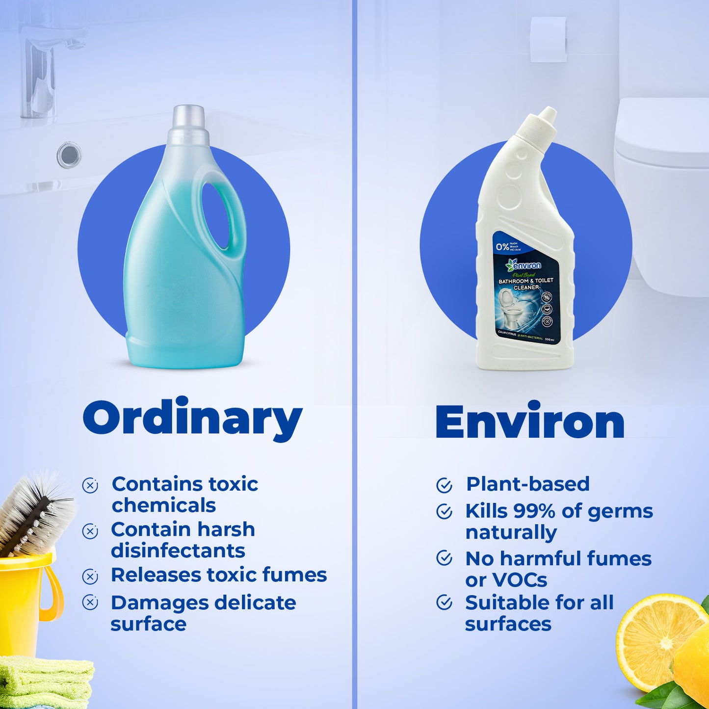 Comparison of ordinary vs. Environ plant-based bathroom cleaner—kills 99% of germs, non-toxic, and safe for all surfaces.